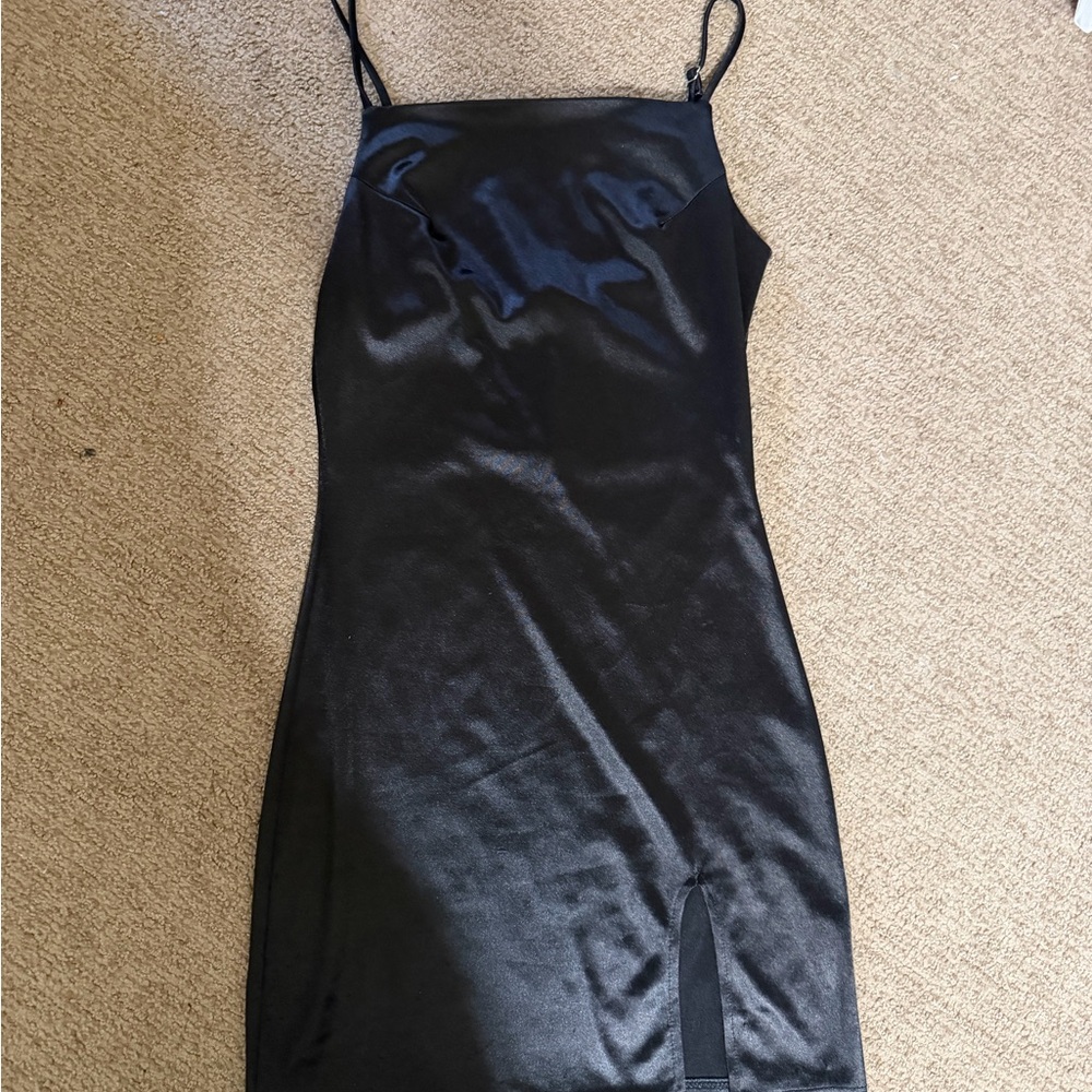 AKIRA Black Satin Slip Dress with Thigh Slit
